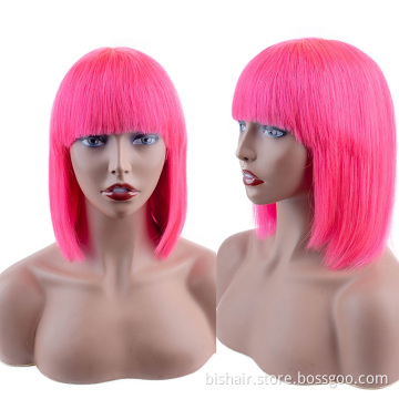 Wholesale Straight Full Machine Pixie Short Bob Wigs With Pink Rose Green Color Brazilian Cut Short Human Hair Wigs With Bang